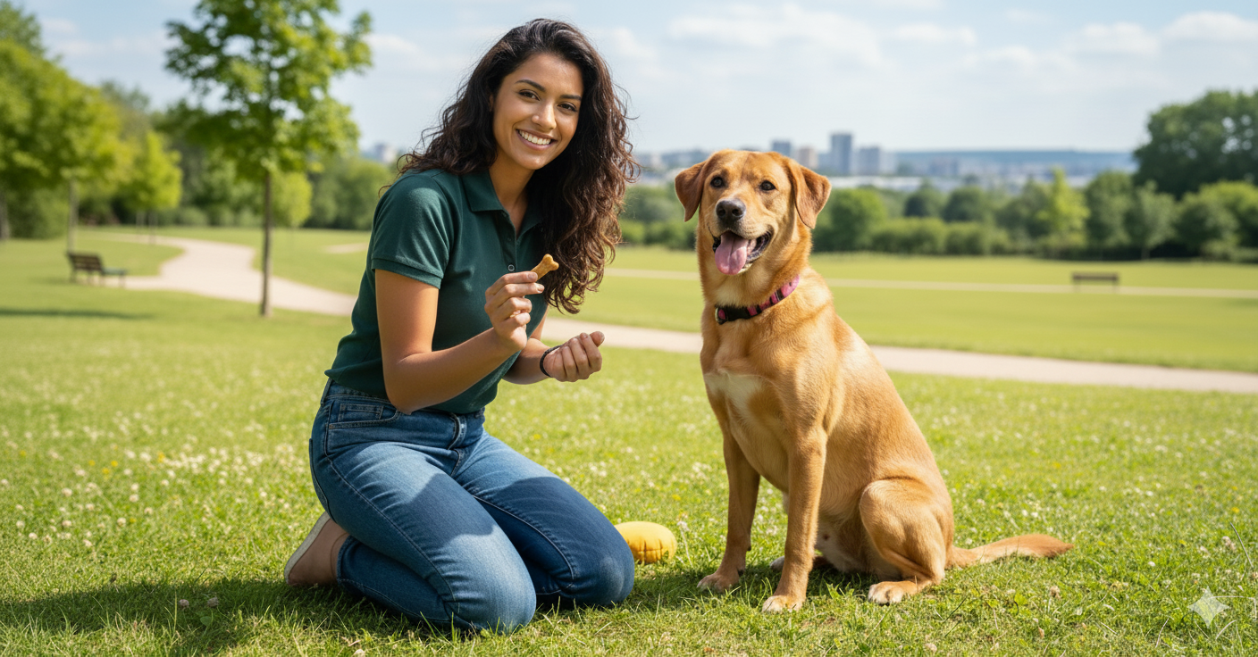 Padrona felice con il suo cane educato